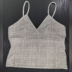 Plaid V-Neck Cropped Cami Top - Black & White